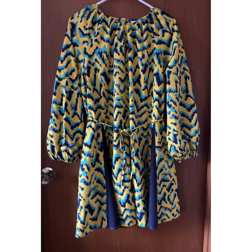 The Get Womens Print Mix Mini Dress Yellow Blue Ikat Long Sleeve Tie Waist L NEW